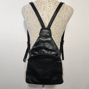 Perlina NY Women's Small Black Leather Adjustable Strap Multi-Pocket Backpack